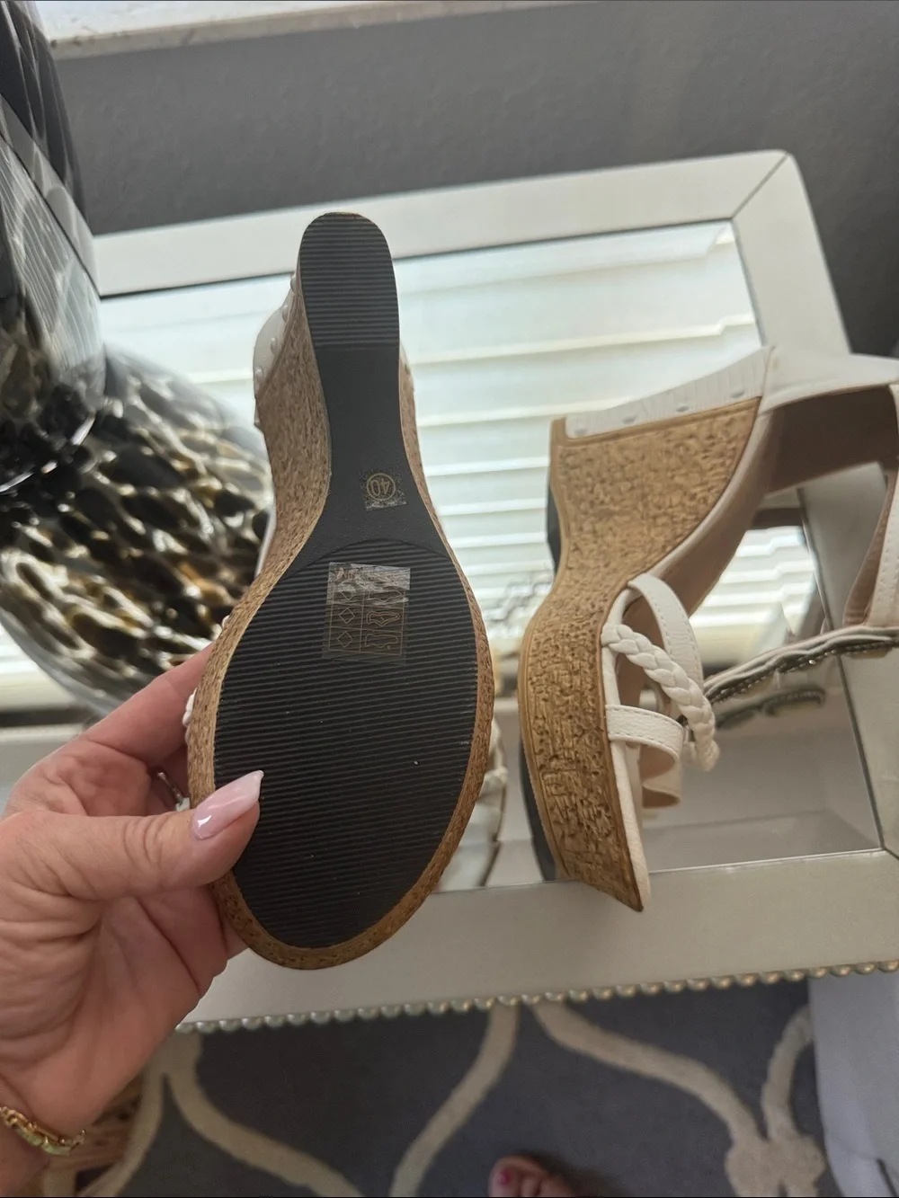 Patrizia Pepe White Braided Cork Wedge Sandals with Embellishments